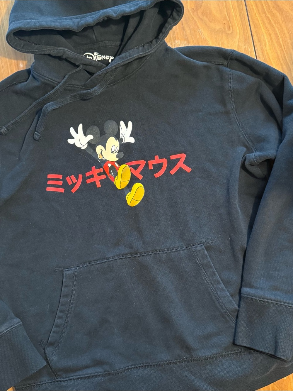Disney Black Hoodie Sweatshirt with Mickey Mouse and Red Japanese Text
